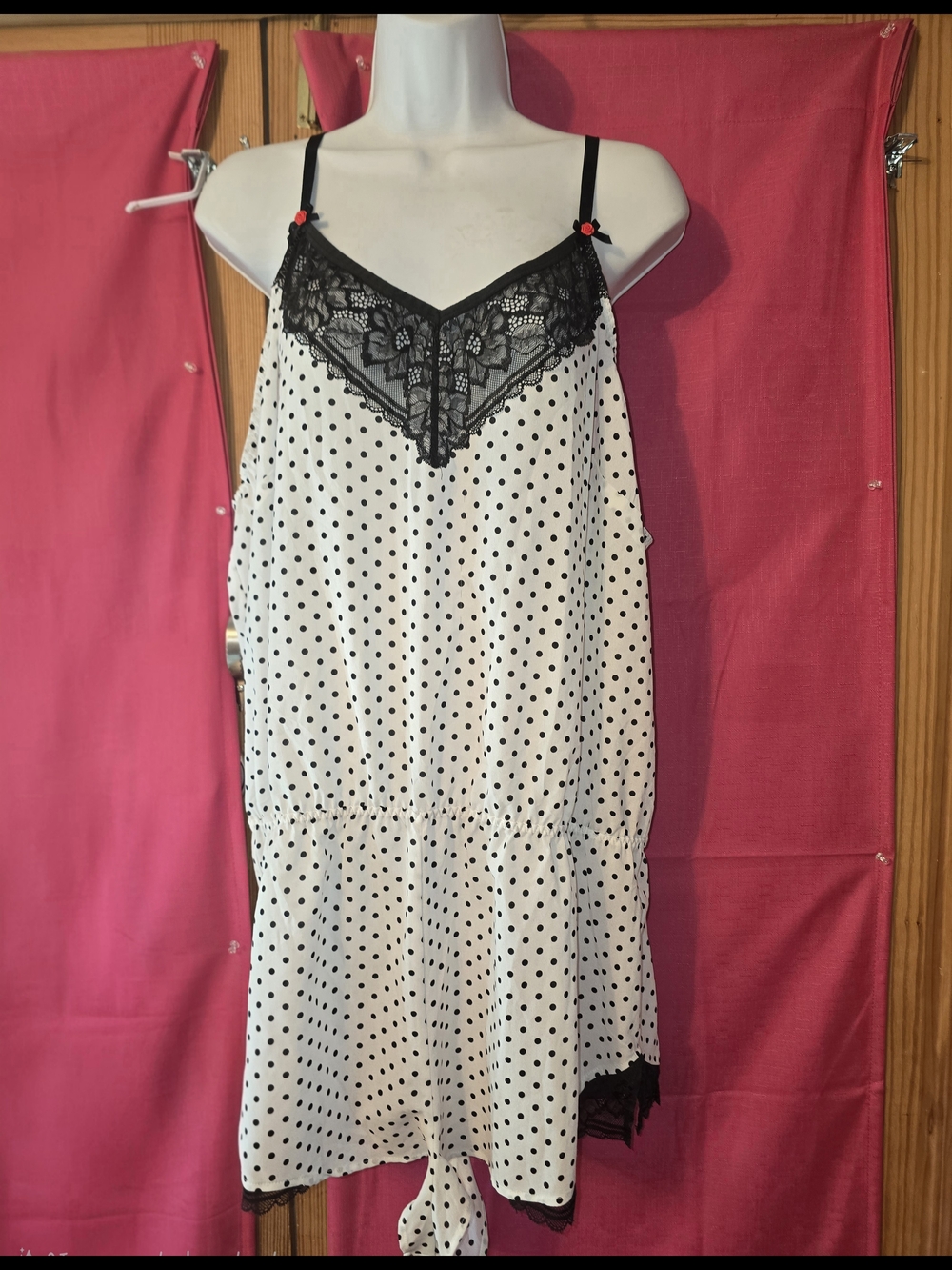 Cacique White & Black Polka Dot Lace-Trim Sleep Romper